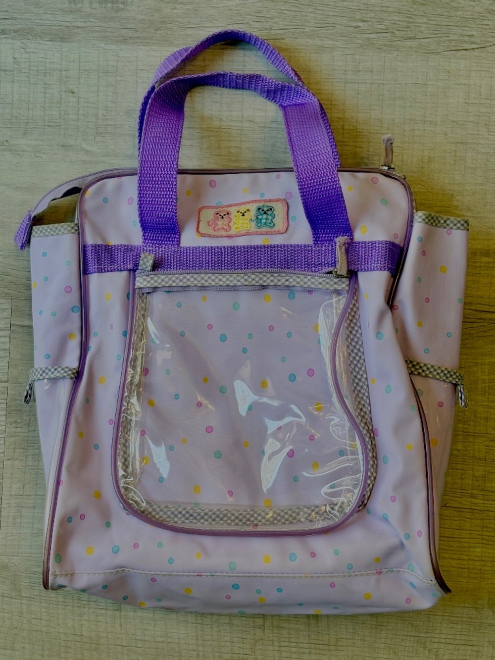 Vintage Diaper Bag 90s Purple Polka Dot Embroidered Teddy Bear Patch Coquette